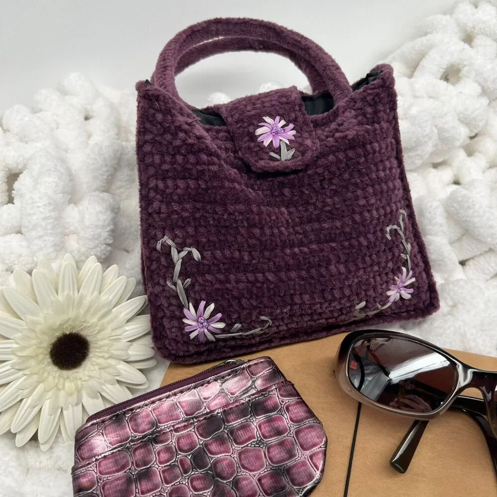 VTG Purple Knit Purse Floral Embroidered Bag + Coin Pouch Cottagecore Coquette